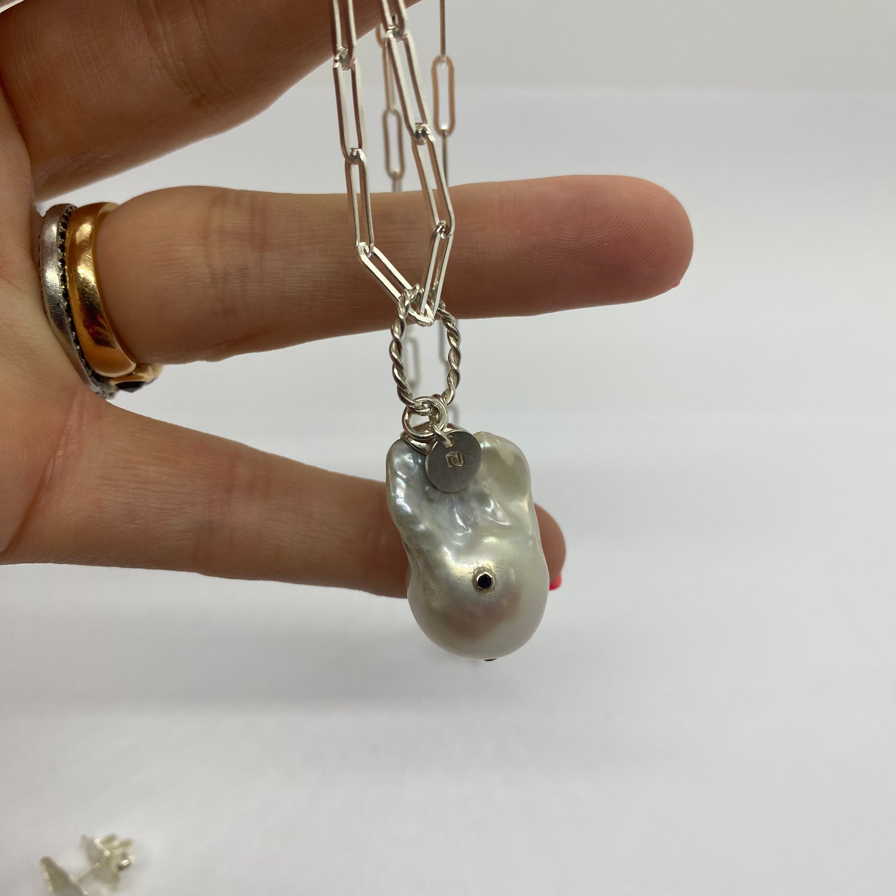 Baroque Pearl Pendant and Black Diamond with Paperclip chain in Sterling Silver